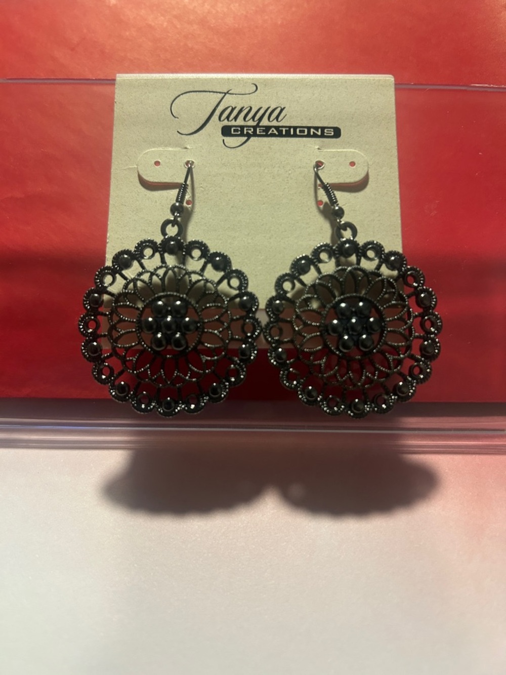 Black Filigree Medallion Drop Earrings - Picture 2 of 2